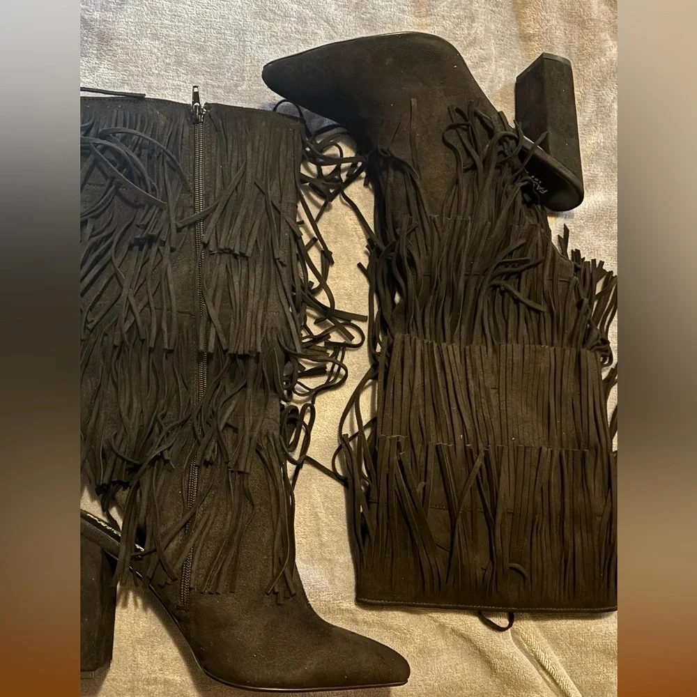 Fringe Suede Knee-High Boots - Black - Picture 1 of 2